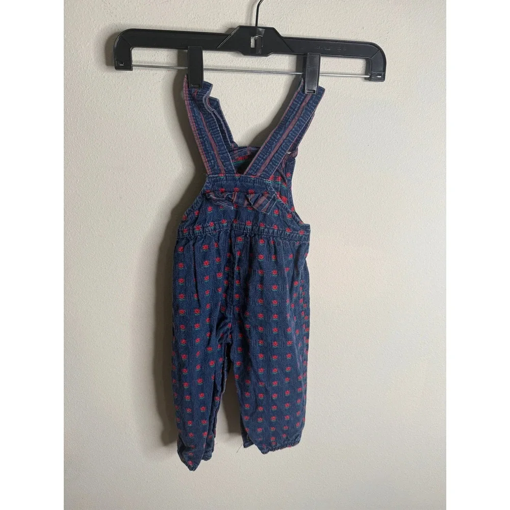OshKosh B'Gosh Girls 18M Blue Red Vintage Floral‎ Denim Overalls Retro Casual